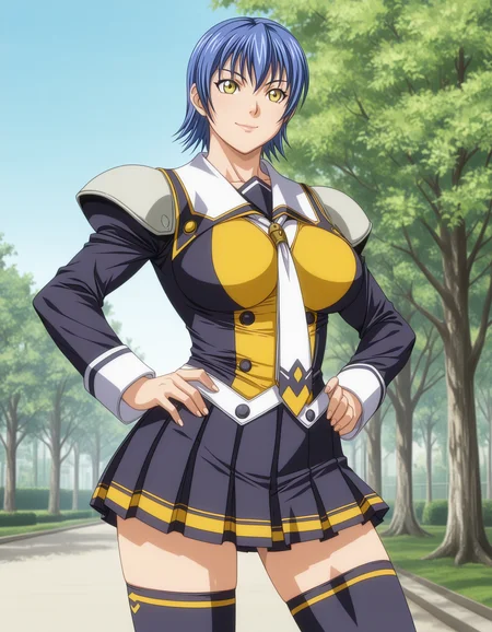1girl, solo, miyagishi yuuki, blue hair, short hair, yellow eyes, lips, smile, large breasts, (muscular female:0.3), St_Arcadia_Uniform, school uniform, black and yellow clothes, shoulder pads, white necktie, long sleeves, pleated skirt, black thighhighs, hands on hip, contrapposto, standing, outdoors, park, trees, blue sky, (anime coloring:1.2) <lora:miyagishi_yuuki_ilxl_v1:0.7>