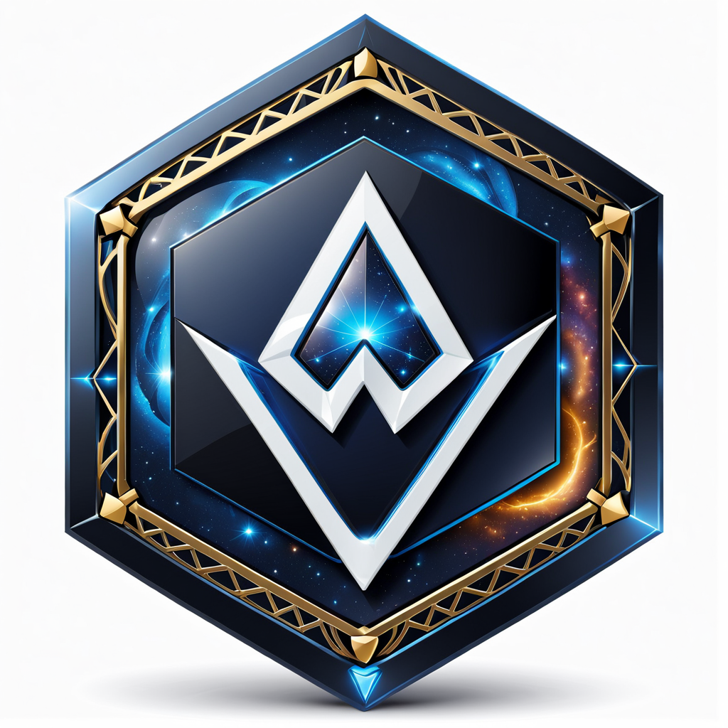 a hexagon with a stylized w logo , vector,  <lora:badgemkrsdxl:0.9>, best quality,  black and blue, badgemkrsdxl, white background,fantasy, galaxy,