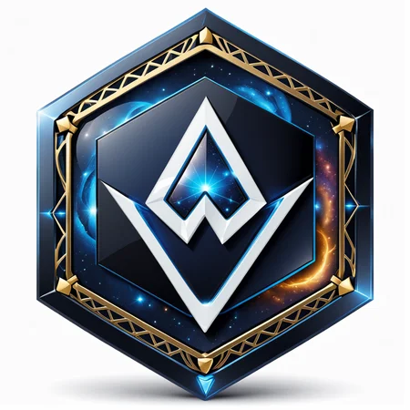 a hexagon with a stylized w logo , vector, <lora:badgemkrsdxl:0.9>, best quality, black and blue, badgemkrsdxl, white background,fantasy, galaxy,