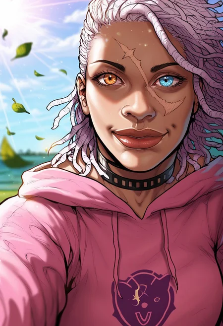 detailed face, detailed eyes, high resolution, intricate design, sharp edges, smooth, high detailed, god level, good proportions, detailed fingers, (masterpiece, best quality, ultra-detailed), (anime style, manhwa style:1.2)
...
(Andrea, 1girl, scar on face, scar across eye, white hair, dreadlocks. heterochromia, left orange eye, right blue eye, muscular female, pink hoodie, denim shorts, hood dawn, black choker, huge thighs)
...
looking at viewer, standing, front view, close up, (mid-range shot, upper body, from thighs up:1.2), selfie, hand on thigh, inclined
...
score_10, score_9, score_8, 1girl, solo, alone, cinematic, sketch 
...
white background, dynamic lighting, wind, leaves,  (soft lighting, dramatic shadows), (sharp focus, depth of field), (cinematic lighting:1.3), ( mystical aura), ethereal light rays, warm glow, realistic shading