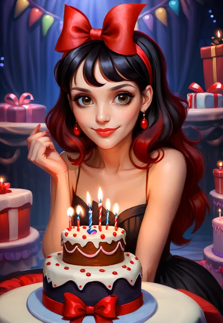 portrait, beautiful woman, a headband bow, sitting behind a birthday cake, looking at viewer, dark shadows, presents in background, red|black hair <lora:CuteCombine1:1>VCuteStyle