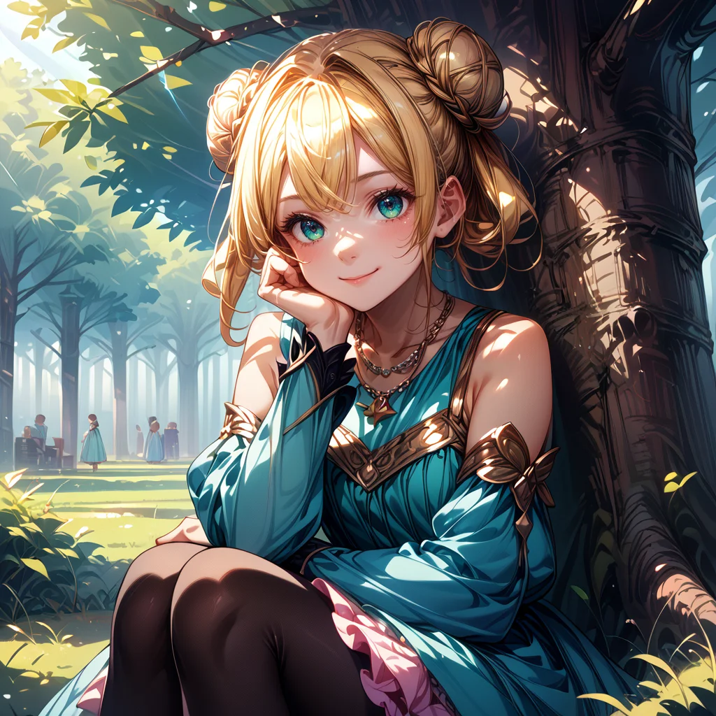 score_9, score_8_up, score_7_up,source_anime, sunlight, under a tree, 1girl, blonde hair, double bun, leaning against tree, head rest, thinking, (light smile:1.1), necklace, aqua gown, two-tone dress, detached sleeves, frilled skirt, black pantyhose, <lora:Between pencils and semi-realism:1.4> stbedap, dramatic lightning,