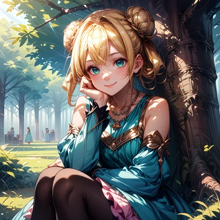 score_9, score_8_up, score_7_up,source_anime, sunlight, under a tree, 1girl, blonde hair, double bun, leaning against tree, head rest, thinking, (light smile:1.1), necklace, aqua gown, two-tone dress, detached sleeves, frilled skirt, black pantyhose, <lora:Between pencils and semi-realism:1.4> stbedap, dramatic lightning,