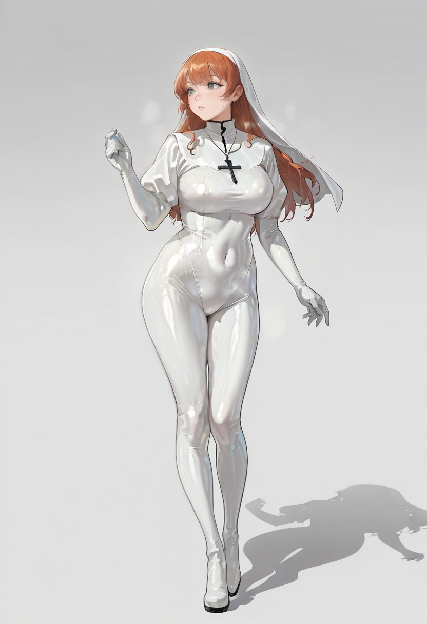 latex bodysuit nun, latex, nun, bodysuit, skin tight, white bodysuit, shiny clothes, solo, 1girl,full body,