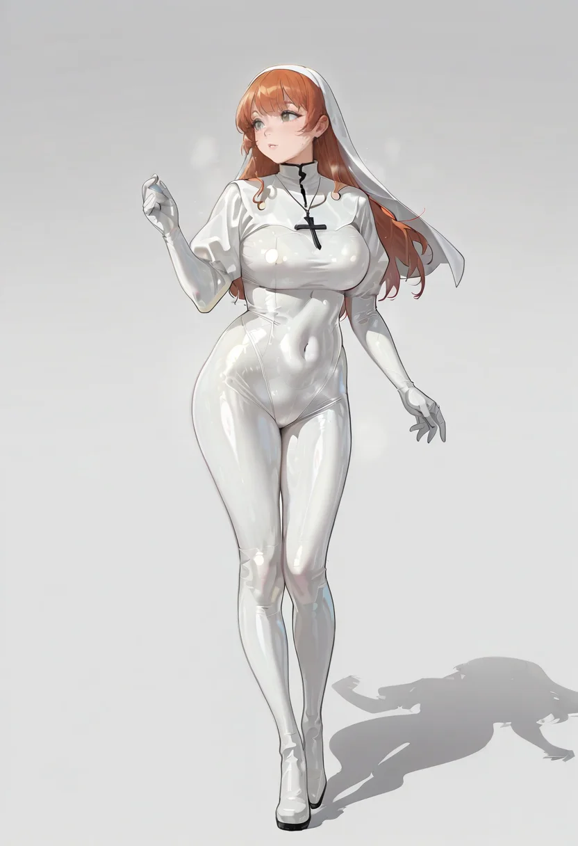 latex bodysuit nun, latex, nun, bodysuit, skin tight, white bodysuit, shiny clothes, solo, 1girl,full body,