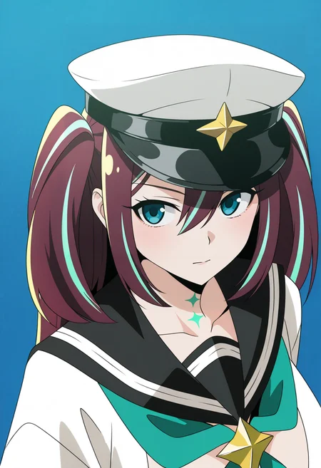 <lora:akoya matama_illustrious-000026:1>,
Akoya Matama,hair between eyes,neckerchief,serafuku,aqua eyes,hat,streaked hair,peaked cap,multicolored hair,twintails,sailor collar,