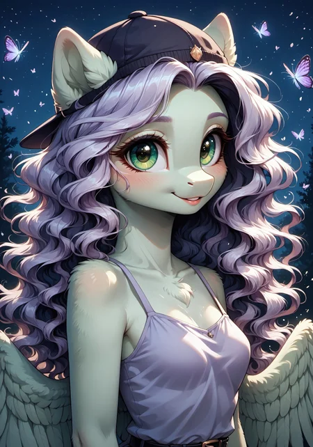 masterpiece, score_9_up, score_8_up, score_7_up, score_6_up, source_pony, (best quality:1.1), ultra-detailed, high resolution, solo, highly detailed macro illustration BREAK 1girl, anthro pony, female, Pegasus wings, (beautiful green eyes:1.5), (big eyes), (long eyelashes:1.4), (blush:1.3), (gold eye shadow:1.3), (light purple wavy hair:1.4), (light green fur:1.2), fluffy ears, (cute expression, cute face:1.3), smile, :3, small breasts, narrow waist, skinny, (lapper cap:1.2), (purple blouse:1.2), (black belt:1.0), (jewelry:1.2) BREAK on front, upper-body, portrait, looking at viewer BREAK natural landscape, night, spring, nature, Dappled moonlight, starry sky, (flying butterflies:1.3) BREAK Highly Visible, sharp focus, perfect lighting, anatomically correct, extremely detailed, high detail, Expressiveh, OverallDetail, zPDXL3
