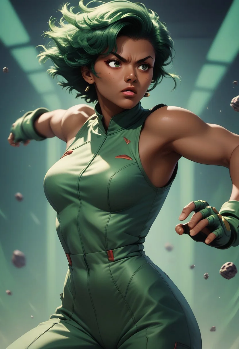 score_9, score_8_up, score_8_up, 1girl, dark skin, green hair, dynamic pose, retro futuristic, detailed