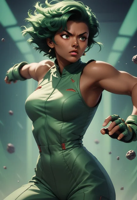 score_9, score_8_up, score_8_up, 1girl, dark skin, green hair, dynamic pose, retro futuristic, detailed