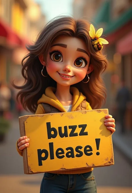 cute woman holding a sign "buzzz please ", pixar style