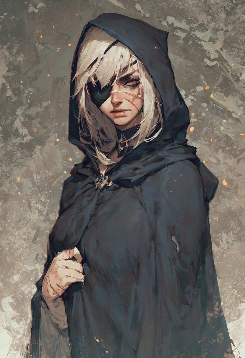 score_9, score_8_up, score_8_up, human, female, black cloak, hood, eyepatch, dirty face, scar on face,