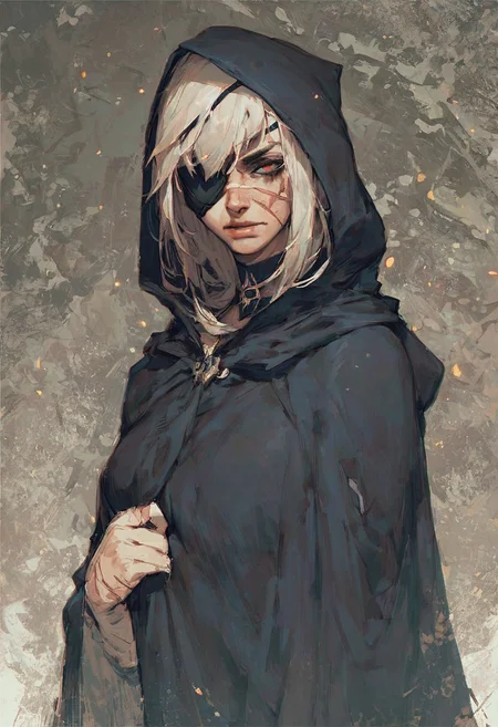 score_9, score_8_up, score_8_up, human, female, black cloak, hood, eyepatch, dirty face, scar on face,