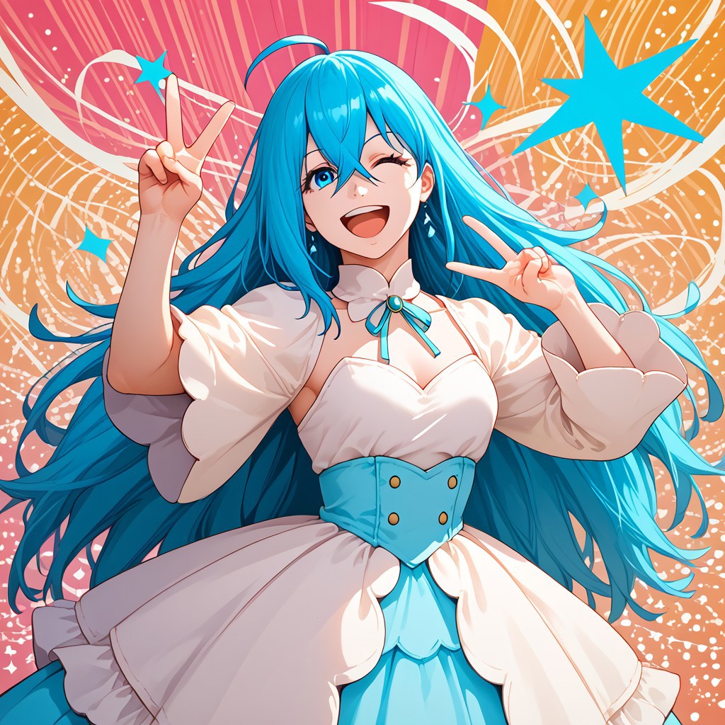 absurdres, 4kres, high quality, abstract background, vivy_vfe, blue hair, blue eyes, crossed bangs, long hair, idol_dress, idol pose, dancing, singing, happy, wink, peace sign, portrait, dynamic, zPDXL3, freebos_smoothiestyle, good hands,