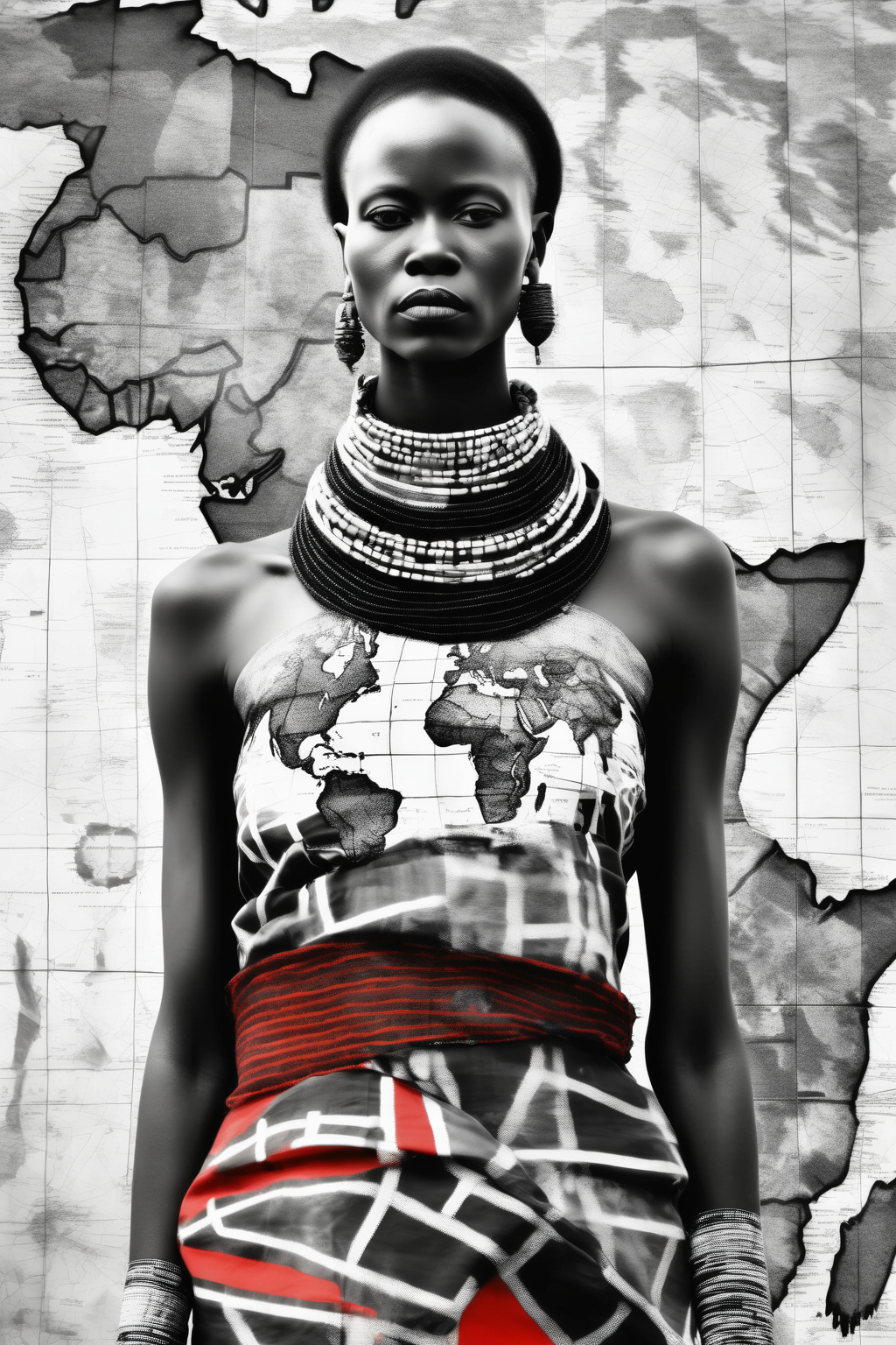 <lora:Zanele Muholi Style:1>Zanele Muholi Style - An African woman wearing traditional Maasai clothing, standing in front of a large map of Africa, with the map visible through the transparent parts of her clothing, creating a double exposure effect. The image is finished with a high-contrast black and white filter to emphasize the bold patterns of the Maasai clothing.