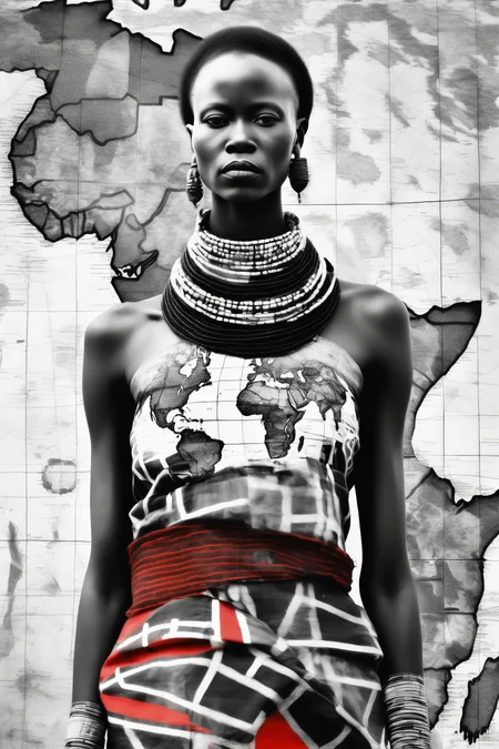 <lora:Zanele Muholi Style:1>Zanele Muholi Style - An African woman wearing traditional Maasai clothing, standing in front of a large map of Africa, with the map visible through the transparent parts of her clothing, creating a double exposure effect. The image is finished with a high-contrast black and white filter to emphasize the bold patterns of the Maasai clothing.