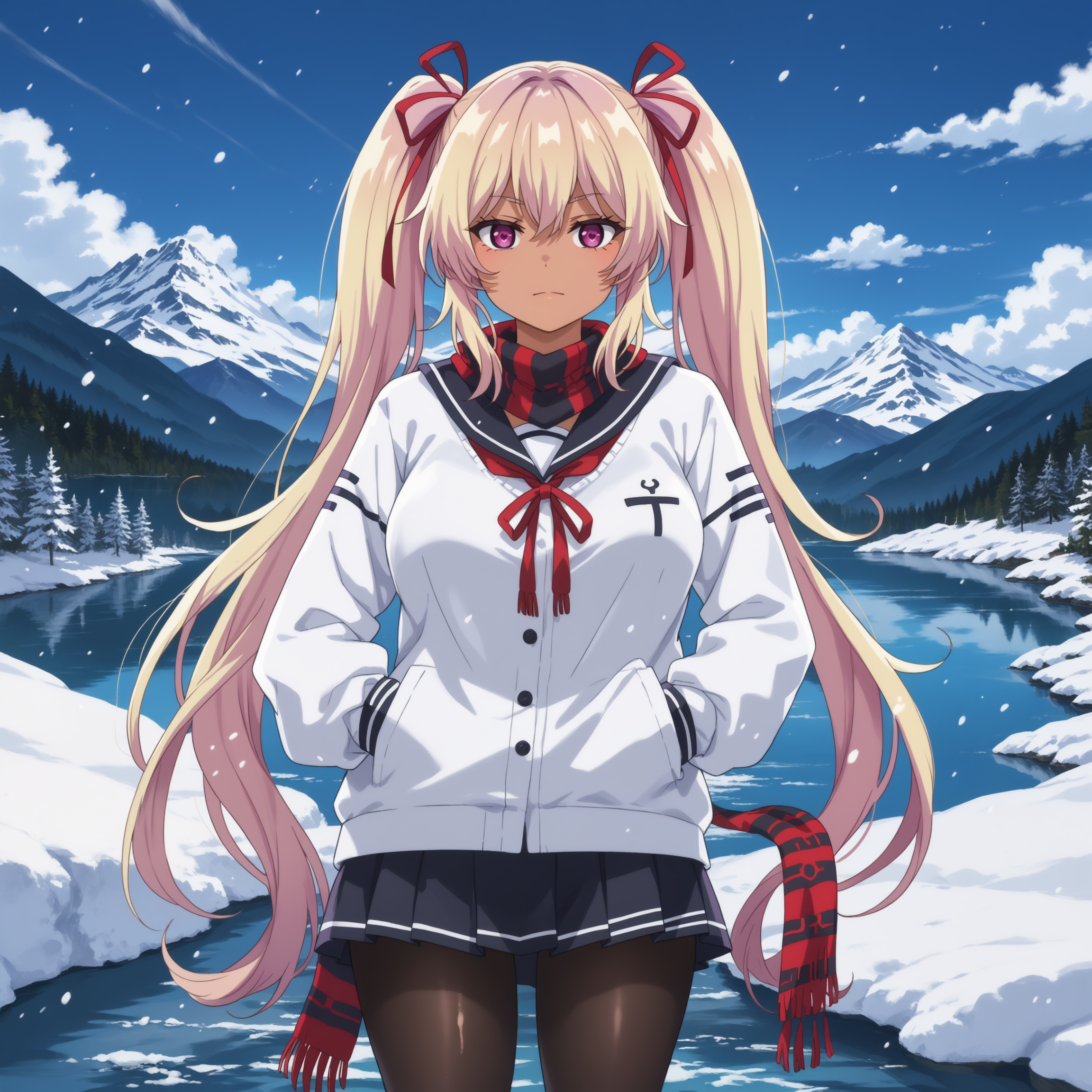 score_9, score_8_up, score_7_up, rating_safe
BREAK
dakini_olis, 1girl, solo, very long hair, blonde hair, twintails, hair ribbon, gradient eyes, heart-shaped pupils, large breasts, cardigan, winter uniform, long sleeves, black serafuku, scarf, medium skirt, black pantyhose, standing, hands in pockets, looking at viewer, cowboy shot, tan
BREAK
snow, snowing, scenery, reflective water, glacier, mountain, mountainous horizon, winter
<lora:dakini_Kamikatsu_sdxl_v1:1>
