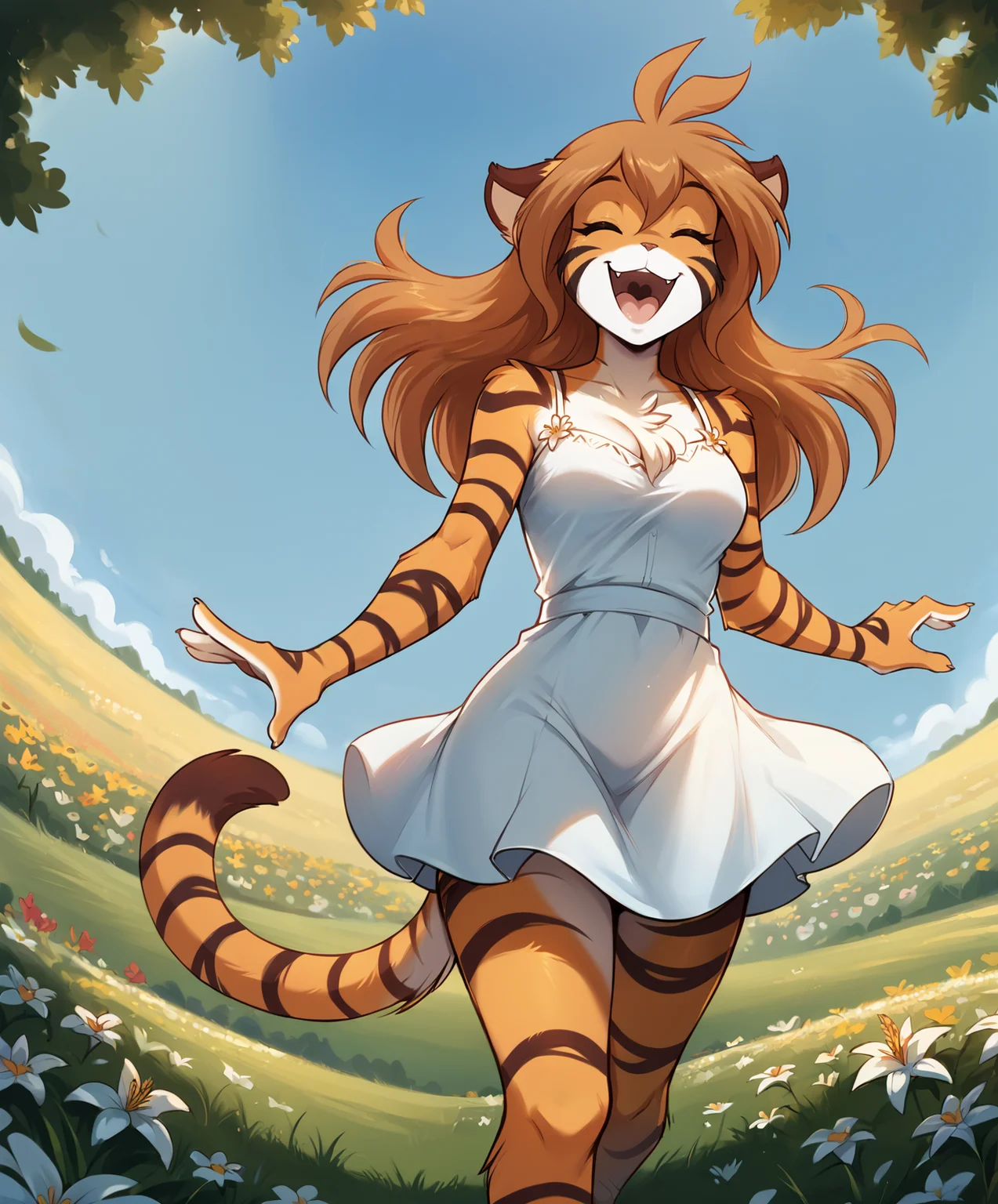 score_9, score_8_up, score_7_up,score_6_up,score_5_up, source_furry
BREAK
solo, furry female anthro, medium breasts, (closed eyes, happy), sundress, cleavage, wide hips, (outdoors, flower field), low angle view, finger claws
BREAK
<lora:Flora-Twokinds-SDXL-AnonTK-V3:0.8> , flora-twokinds, keidran, mammal, tiger tail, yellow eyes, long hair