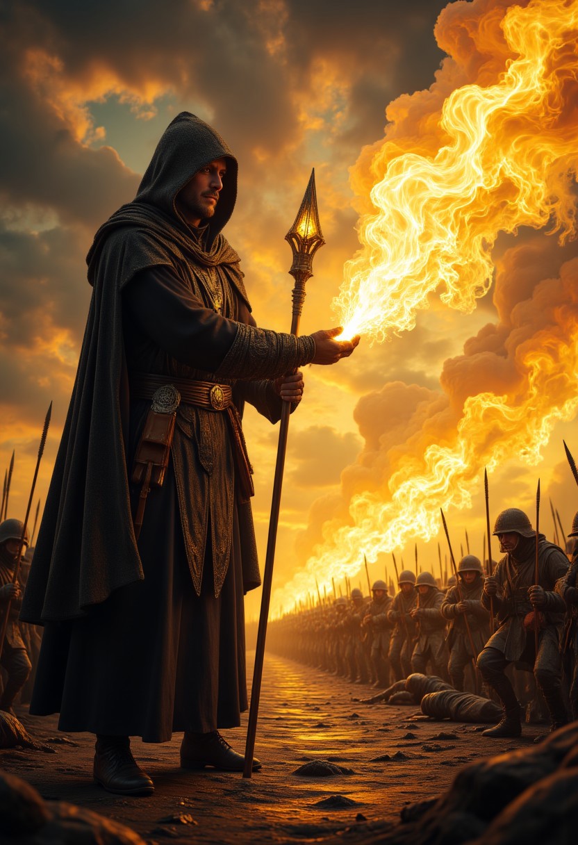 "A hooded cleric stands at the edge of a battlefield, his glowing staff pulsing with healing light. Wounded soldiers crawl toward him, their eyes filled with desperation. He raises his hand, chanting a divine hymn as golden energy washes over the fallen, pulling them back from the brink of death."
   , aidmamjv7, aidmaHyperrealism, aidmaimageupgrader