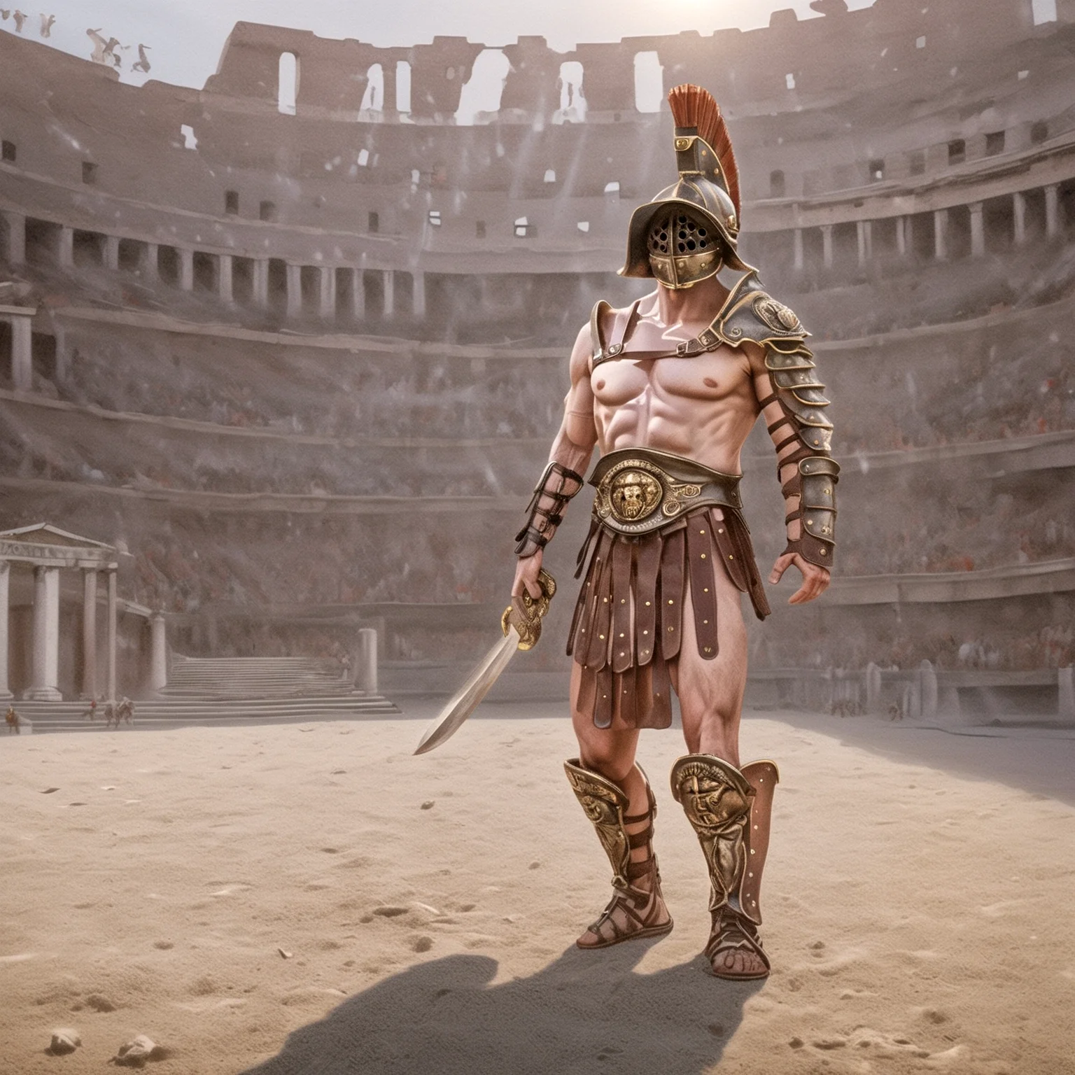 gladiator,helmet, (liquid illumination:1.4), (charming light:1.1), hyperrealistic,anatomical, colloseum rome, fighting with a barbarian,gladiator_style,exterm detailed, detailed background, ,