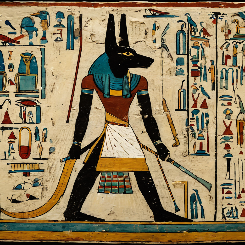 <lora:Ancient_Egypt_Painting_Style:1> ancientegypt, old egyptian wall painting of Anubis, ancient, 2d, perfect composition, masterpiece