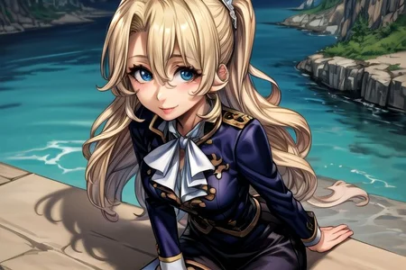 masterpiece, Lily Kokoschka , best quality, best quality, ultra-detailed, highres,sharp focus,(ultra detailed,extremely detailed), 1girl,(masterpiece, best quality), LilyKOKOSCHKA, 1girl, solo, long hair, small breasts, blonde hair, Blue eyes, Deep Blue eyes, hair between eyes, uniform, ascot, wavy hair, eyes visible through hair, white ascot, Skirt, hungry clicker,  outdoors, street, cowboy shot, leaning forward, , brutal smile, Best Quality, masutepiece0Beautiful face0Strong-minded woman0sitting