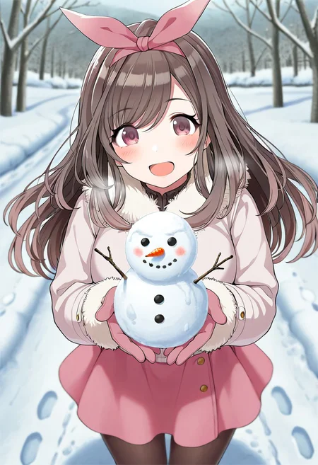 masterpiece,best quality,amazing quality, tsukioka kogane, long hair, brown hair, brown eyes, 1girl, solo, snowman, snow, smile, blush, open mouth, looking at viewer, outdoors, pantyhose, gloves, hairband, fur trim, skirt