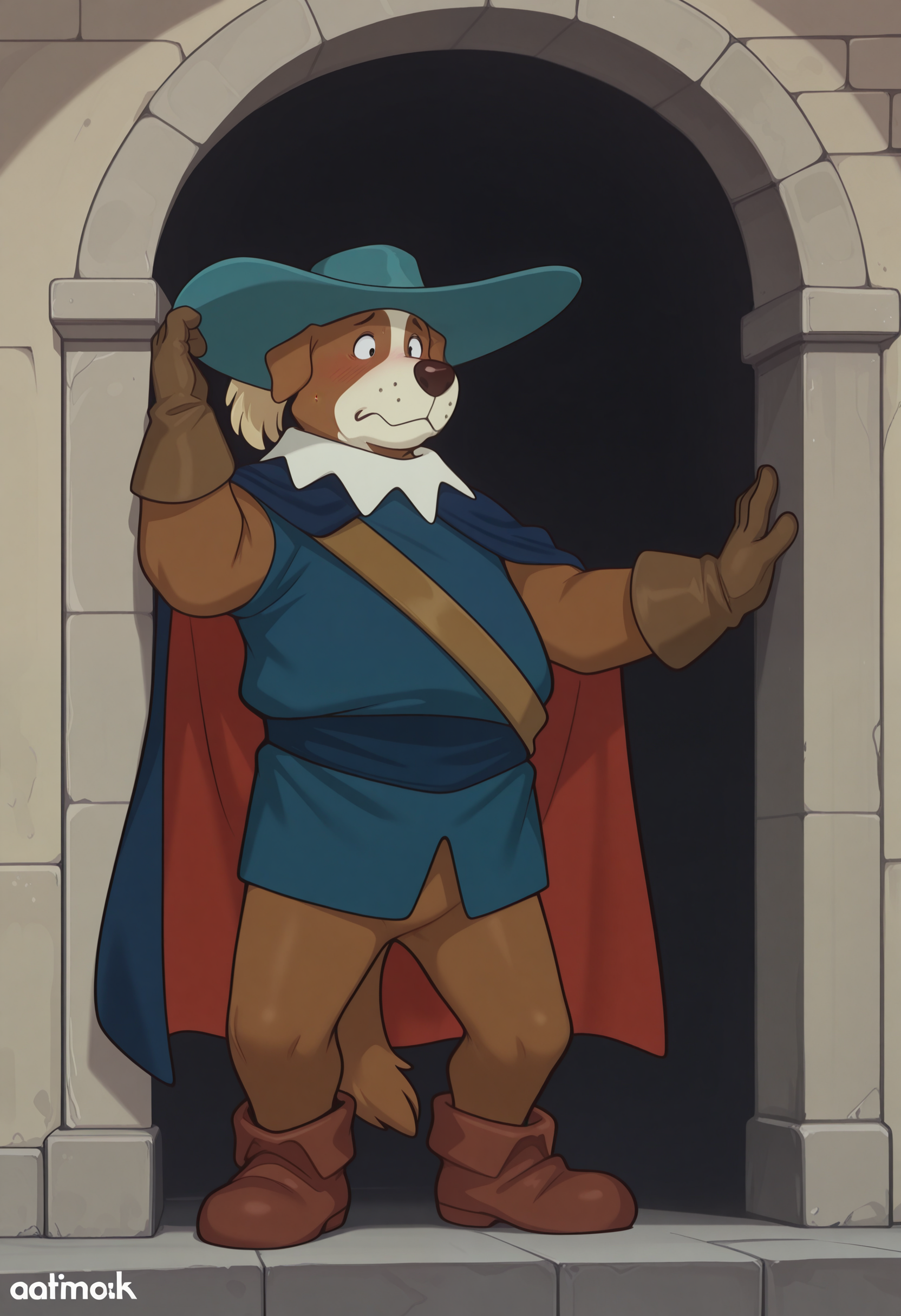 masterpiece, best quality, amazing quality, solo, 1boy, athosmh, blue shirt, cape, hat