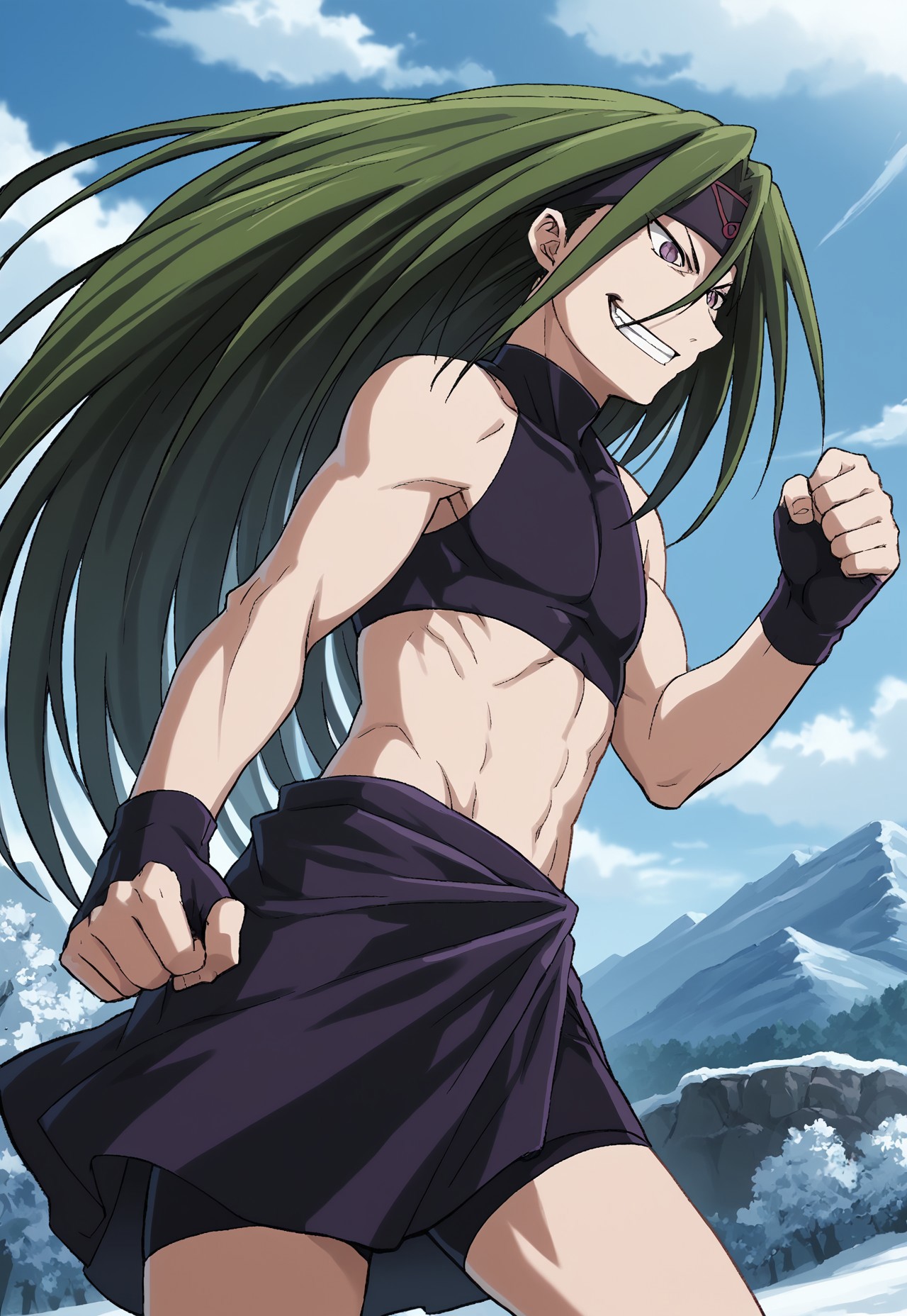 safe_pos, score_9, score_8_up, score_7_up, masterpiece, best quality, FMA_Envy, 1boy, male, solo, skinny, slim body type, long hair, green hair, purple eyes, (((slit pupils))), headband, crop top, bare shoulders, midriff, gloves, fingerless gloves, skirt, side slit, bike shorts under skirt, bike shorts, tundra, snow, evil grin, fighting stance, cowboy shot, perspective