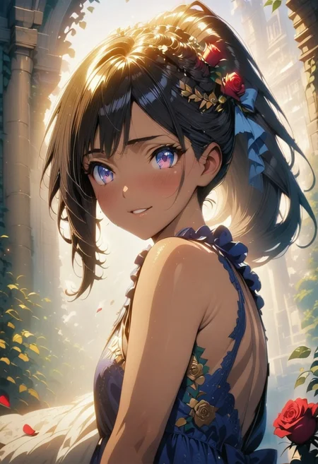 (masterpiece), (best quality), (ultra-detailed), very aesthetic, illustration, perfect composition, intricate details, absurdres, detailed face, (anime, masterpiece, intricate:1.3), (best quality, hires textures, high detail:1.2), (4k),(incredibly detailed:1.4) (((Best quality))), (((Ultra detailed))),(dim lighting, light particles, realistic, highres, Shy smile:1.4, absurdres) ,1girl, solo, looking at viewer, very long hair,high ponytail, indigo eyes, rose hair ornament, dress, frilly indigo back hair bow, cowboy shot, indigo hair, red roses, parted lips, pastel ribbons in hair, red roses in hair, indigo eyes, eyelashes, lips, pastel blue lace sleeveless dress,rose print dress, red roses, pale pink background, curly hair, rose vines with thorns,( rose petals falling in the air:1.3), soft light, tan skin, brown skin, hair blowing in the breeze, pastel theme, pastel colors, roses around the girl,half body shot, holding a rose