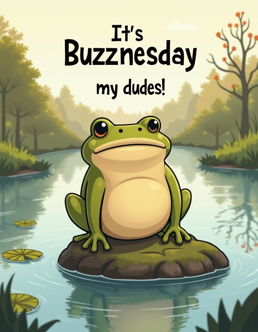 A plump beige frog with a laid-back expression, sitting on a moss-covered rock by a tranquil pond, saying "It's Buzznesday, my dudes" in a bold, comic-style font floating above him. The scene features calm water with a few lily pads and distant trees reflecting off the surface. The environment is peaceful and natural, with soft sunlight casting warm highlights across the landscape. The mood is humorous but relaxed, with a sense of lazy contentment. Cartoon-style illustration with soft shading and smooth, simple lines, emphasizing a light, casual feel
