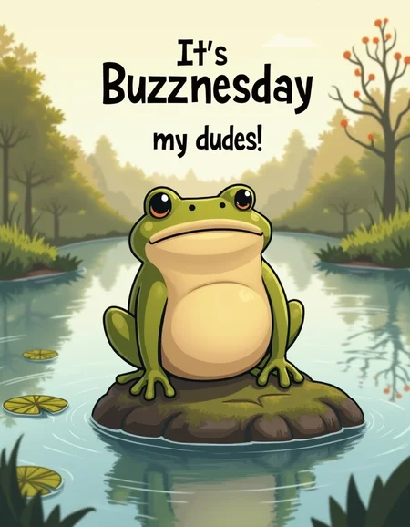 A plump beige frog with a laid-back expression, sitting on a moss-covered rock by a tranquil pond, saying "It's Buzznesday, my dudes" in a bold, comic-style font floating above him. The scene features calm water with a few lily pads and distant trees reflecting off the surface. The environment is peaceful and natural, with soft sunlight casting warm highlights across the landscape. The mood is humorous but relaxed, with a sense of lazy contentment. Cartoon-style illustration with soft shading and smooth, simple lines, emphasizing a light, casual feel