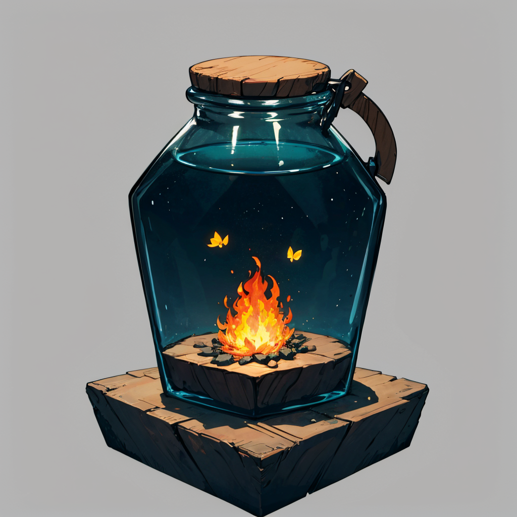 otherworldly, hexagonal composition, glass jar, wooden table, fireflies, night, outdoors, simple background  <lora:hexagon_composition_03:0.6>