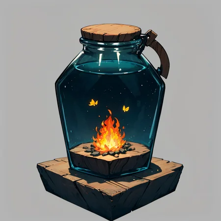 otherworldly, hexagonal composition, glass jar, wooden table, fireflies, night, outdoors, simple background <lora:hexagon_composition_03:0.6>