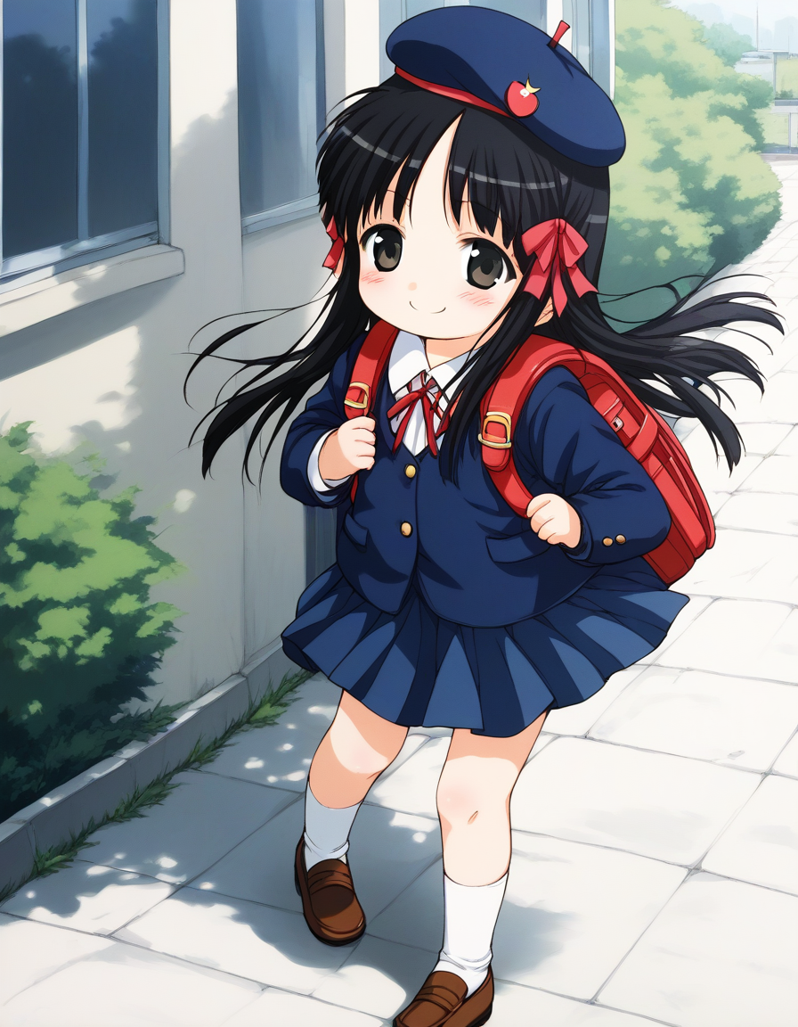 score_9, score_8_up, score_7_up, source_anime, rating_explicit, BREAK  <lora:Hoshino_Hina_XL:1> Hoshino_Hina, long hair, black hair, black eyes, hair ribbon, short stack,
bag, solo,  randoseru, backpack, school uniform, skirt, smile, socks, blush,  beret, brown shoes,
outdoor, day,