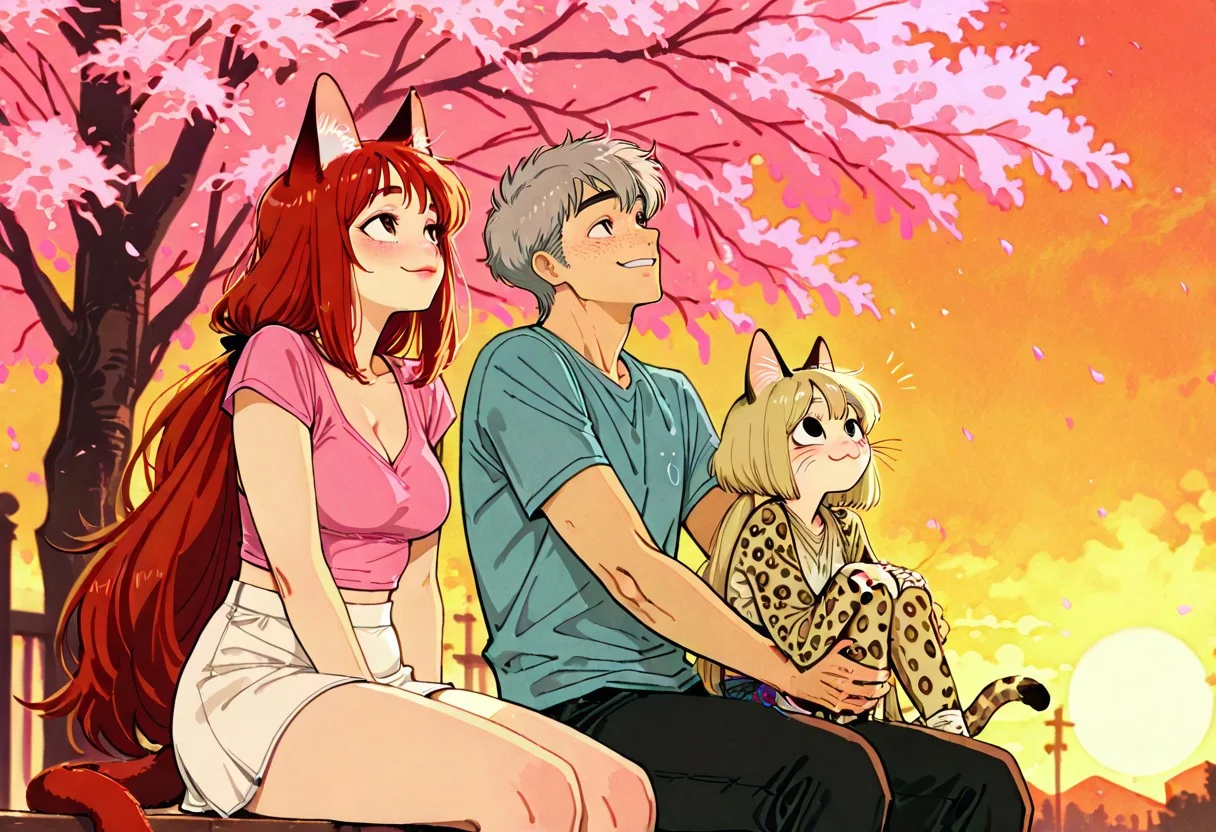 masterpiece, best quality, good quality, very awa, very aesthetic, absurdres, newest, group, group shot, expressing love, hugging, four people hugging together in a loving embrace, stylish clothes BREAK score_9, score_8_up, score_7_up BREAK 1boy, human, pink polo shirt, dark pants, short hair, dark gray hair, center focus BREAK 1girl, human, blue t-shirt, white short skirt, long hair, red hair, plump lips, lipstick, blushing, smug smile, looking at the boy from his left BREAK 1girl, human, black cross-stitch top, cleavage, midriff, denim boy shorts, medium breasts, long hair, brown hair, nervous smile, blushing, sitting down, eyes looking up at the boy BREAK 1girl, catgirl, lime green crop top, flat chest, midriff, denim shorts, :3, leopard spots, freckles, whiskers, tail, extremely long hair, blonde, looking at the boy from his right BREAK romantic setting, by a giant cherry blossom tree, sunset, vfaix, retro_artstyle, retro, high detail, multipeoplelora <lora:illustriousXL_stabilizer_v1.23:0.3> <lora:NOOB_vp1_detailer_by_volnovik_v1:0.3> <lora:ponyv6_noobE11_2_adamW-000017:0.3> <lora:retro_scifi_artstyle_illustriousXL-000021:0.5> <lora:veluflora-wai:0.75>