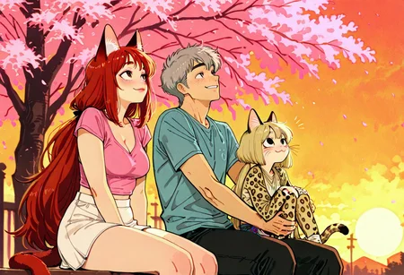 masterpiece, best quality, good quality, very awa, very aesthetic, absurdres, newest, group, group shot, expressing love, hugging, four people hugging together in a loving embrace, stylish clothes BREAK score_9, score_8_up, score_7_up BREAK 1boy, human, pink polo shirt, dark pants, short hair, dark gray hair, center focus BREAK 1girl, human, blue t-shirt, white short skirt, long hair, red hair, plump lips, lipstick, blushing, smug smile, looking at the boy from his left BREAK 1girl, human, black cross-stitch top, cleavage, midriff, denim boy shorts, medium breasts, long hair, brown hair, nervous smile, blushing, sitting down, eyes looking up at the boy BREAK 1girl, catgirl, lime green crop top, flat chest, midriff, denim shorts, :3, leopard spots, freckles, whiskers, tail, extremely long hair, blonde, looking at the boy from his right BREAK romantic setting, by a giant cherry blossom tree, sunset, vfaix, retro_artstyle, retro, high detail, multipeoplelora <lora:illustriousXL_stabilizer_v1.23:0.3> <lora:NOOB_vp1_detailer_by_volnovik_v1:0.3> <lora:ponyv6_noobE11_2_adamW-000017:0.3> <lora:retro_scifi_artstyle_illustriousXL-000021:0.5> <lora:veluflora-wai:0.75>