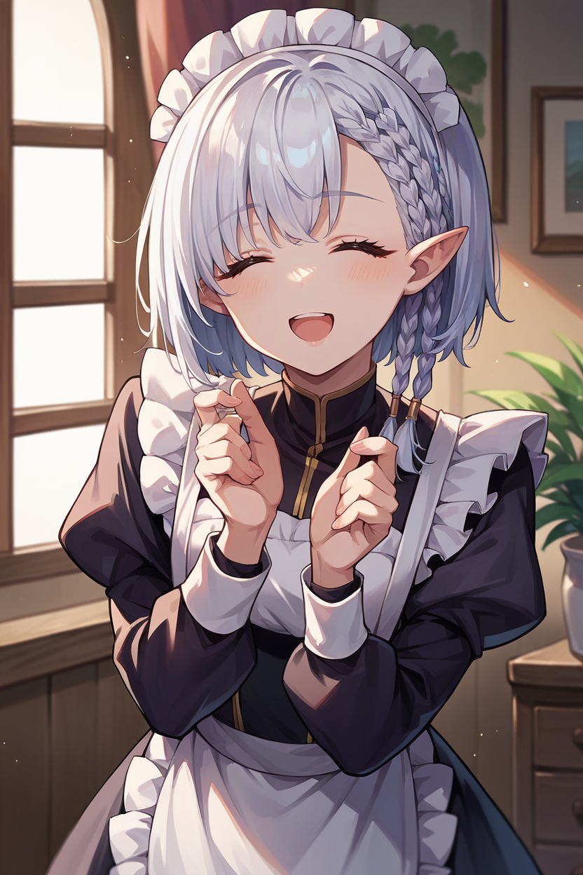 score_9, score_8_up, score_7_up, score_6_up, source_anime, 1girl, solo  <lora:beta-pdxl-nvwls-v1-000005:1> beta, white hair, braid, pointy ears,  maid headdress, maid dress, happy, looking at you, puffy sleeves, closed eyes, bedroom