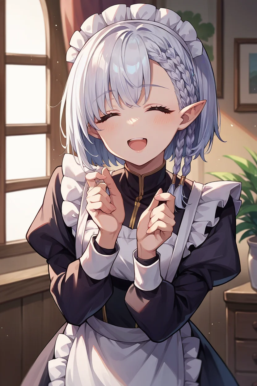 score_9, score_8_up, score_7_up, score_6_up, source_anime, 1girl, solo <lora:beta-pdxl-nvwls-v1-000005:1> beta, white hair, braid, pointy ears, maid headdress, maid dress, happy, looking at you, puffy sleeves, closed eyes, bedroom