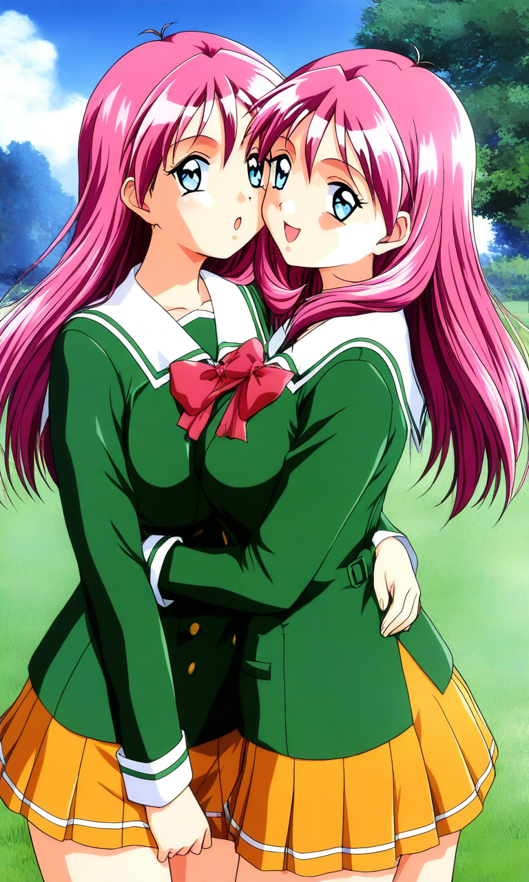general,highres, ultra-detailed,very aesthetic,best quality ,best hands, BREAK <lora:Shirayuki_Mihoï¼Maho_Tokimeki_Memorial2_IS:1>
Shirayuki_Mihoï¼Maho, pink hair, blue eyes, long hair, large breasts, 
twins, 2girls,happy, hug, kiss,
school uniform, bow, green shirt, long sleeves, shirt, pleated skirt, orange skirt, red bow, sailor collar, smile, v arms, looking at viewer, open mouth, yellow skirt, jacket, :o, cowboy shot, standing, blue sky, grass,