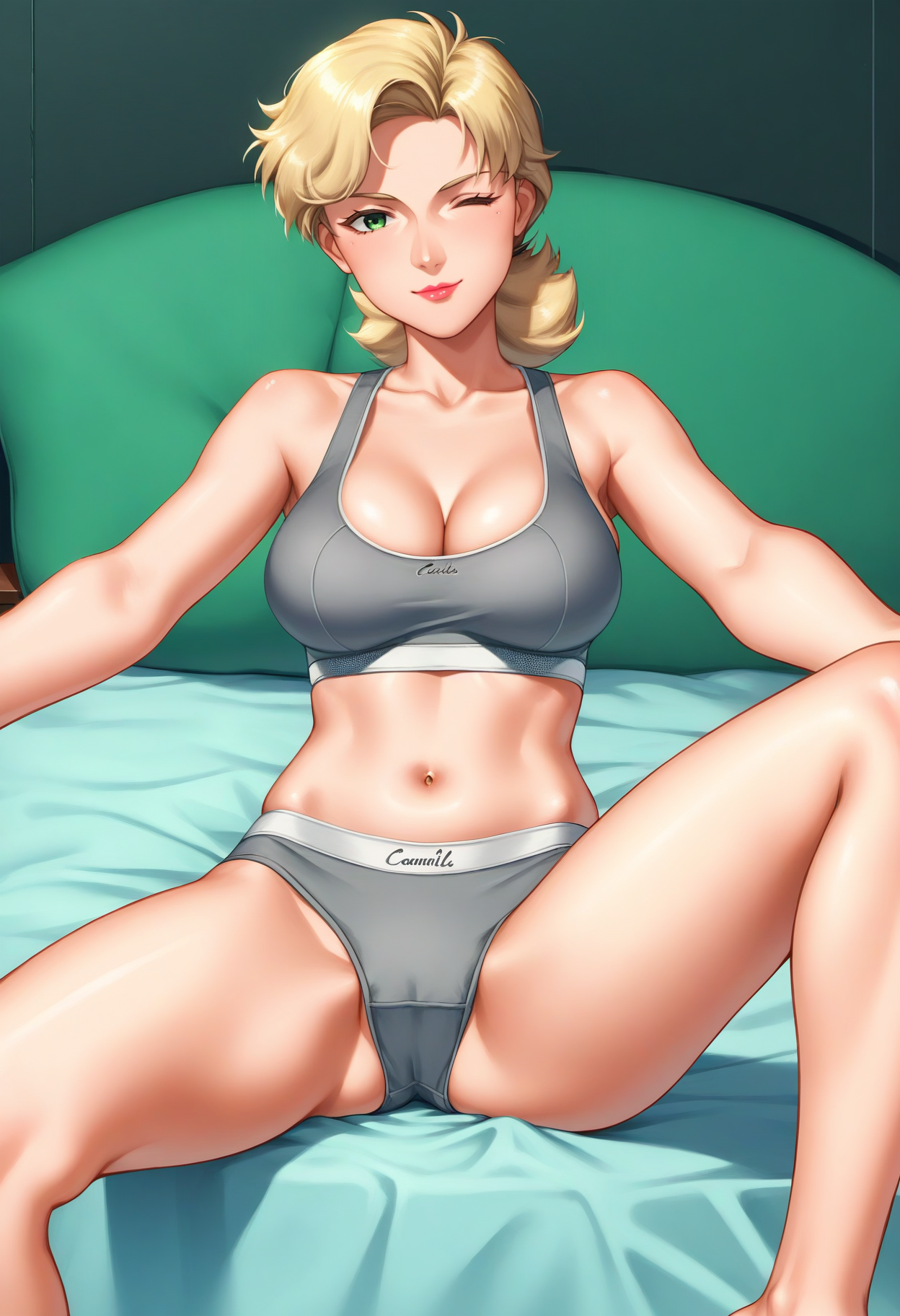 score_9, score_8_up, score_7_up, score_6_up, source_anime, <lora:CalvinKleinSF:0.6>, <lora:VGundamMyraMiggell:1>, VGundamMyraMiggell, 1girl, blonde hair, low ponytail, green eyes, lipstick, aged up,
CalvinKleinSF, calvin klein, sports bra, underwear, navel, cleavage, midriff, grey panties, collarbone, bare shoulders, wedgie, grey bra, skindentation,
seductive smile, sitting, looking at viewer, spread legs, one eye closed, outstretched arms, 
BREAK on bed, indoors,