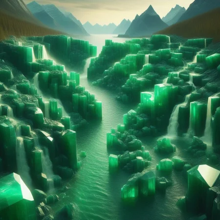 emeraldmorph, Liquid Marble Lake, Golden accents, aurora borealis?! a sea of cut emerald,
