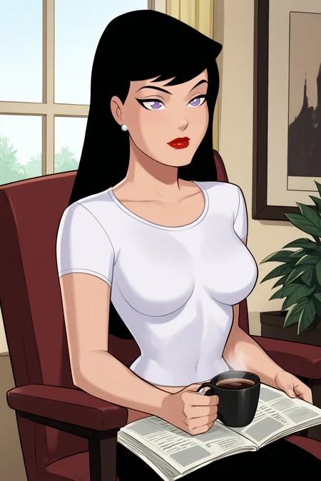 PonyXLV6_Scores BREAK <lora:add_details_xl:1> (perfect anatomy, perfect eyes) BREAK <lora:Lois_Lane:0.8> lois lane, long hair, black hair, purple eyes, red lips, raised eyebrow, white shirt, short sleeves, black pants, medium breasts, curvy, toned, athletic, sitting in chair, drinking coffee, reading a newspaper, living room, indoors