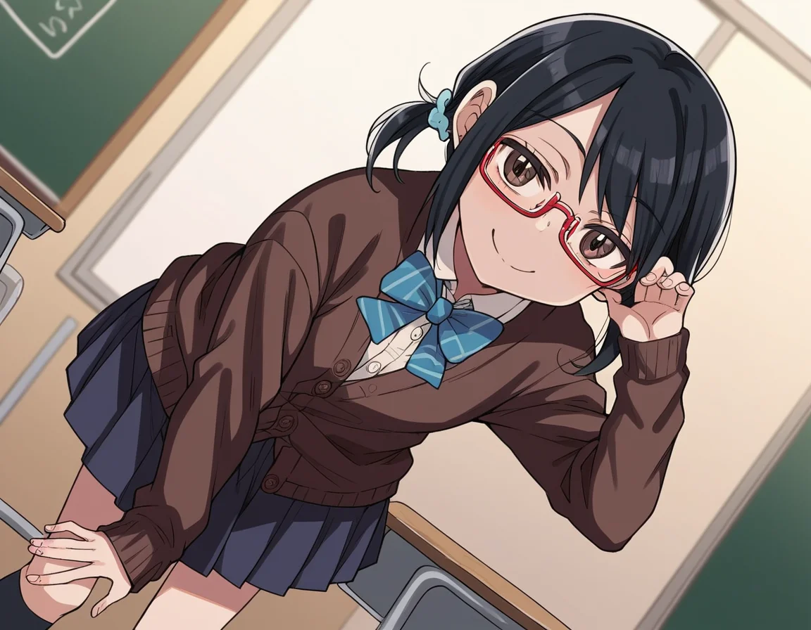 score_9, score_8_up, score_7_up, source_anime,
shihosayama, <lora:shiho-sayama-manga-ponyxl-lora-nochekaiser:1>,
shiho sayama, black hair, brown eyes, glasses, twintails, short hair, scrunchie, hair scrunchie, red-framed eyewear,
skirt, shirt, long sleeves, bow, school uniform, pleated skirt, shoes, socks, bowtie, blue bow, cardigan,
indoors, classroom, bent over, smile,
looking at viewer, solo, cowboy shot, dutch angle,