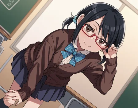 score_9, score_8_up, score_7_up, source_anime,
shihosayama, <lora:shiho-sayama-manga-ponyxl-lora-nochekaiser:1>,
shiho sayama, black hair, brown eyes, glasses, twintails, short hair, scrunchie, hair scrunchie, red-framed eyewear,
skirt, shirt, long sleeves, bow, school uniform, pleated skirt, shoes, socks, bowtie, blue bow, cardigan,
indoors, classroom, bent over, smile,
looking at viewer, solo, cowboy shot, dutch angle,