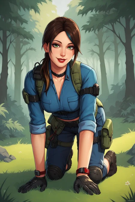 score_9, score_8_up, score_7_up, BREAK, AliasCODMXL, lipstick, green eyes, brown hair, multicolored hair, ponytail, parted bangs, black choker, medium breasts, harness, blue shirt, sleeves rolled up, single red wristwatch, black gloves, pouch, belt, blue pants, knee pads, solo, all fours, seductive smile, looking at viewer, forest, tree <lora:AliasCODMXL:0.8>