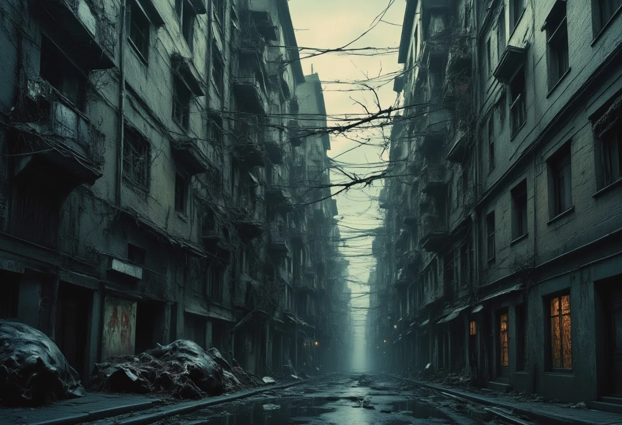 high quality, 8K Ultra HD, a metropolis where elements of nightmarish surrealism converge into a scary, gore, horror scene, Escher's influence is subtly incorporated, transforming the city into an intricate, mind-bending spectacle, Stark contrasts between light and dark enhance the dreamlike quality of the scene, creating an unsettling yet captivating urban horrific dreamscape, photorealistic, ultra realistic,aidmaimageupgrader,