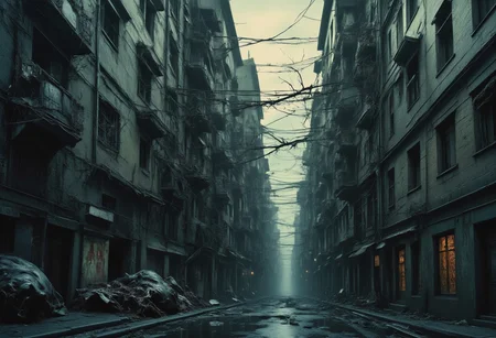 high quality, 8K Ultra HD, a metropolis where elements of nightmarish surrealism converge into a scary, gore, horror scene, Escher's influence is subtly incorporated, transforming the city into an intricate, mind-bending spectacle, Stark contrasts between light and dark enhance the dreamlike quality of the scene, creating an unsettling yet captivating urban horrific dreamscape, photorealistic, ultra realistic,aidmaimageupgrader,