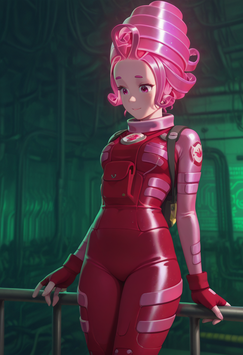 Graphic Design, color art, vibrant colors, colorful, intricate details, high contrast, detailed background, beautiful detailed, beautiful face, detailed eyes, detailed face, new, 1girl, solo, m4sy4, pink hair, pink eyes, bodysuit, pink bodysuit, gloves, fingerless gloves, belt, factory, three quarter view, (masterpiece, best quality, newest, recent, absurdres),