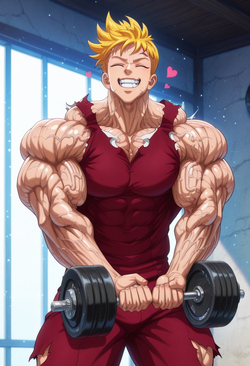 masterpiece, best quality, amazing quality, very aesthetic, absurdres, intricate details, five digits
, solo, 1boy, male focus, muscular male,clenched teeth, thick arms, weightlifting, exercise, veiny body, veiny arms, veiny neck, veiny face,
, <lora:nb-c_v2_IL-000025:1>,1boy, male focus, solo, closed eyes, smile, open mouth,heart emotes,anime, volumetric lighting, day, light particles,flexing,hulking out, muscular,torn clothes, roaring,hyper muscles growth, hyper muscles bigger,lancelot, blonde hair, pink eyes, scar on forehead