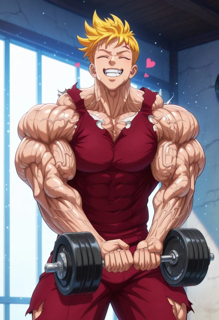masterpiece, best quality, amazing quality, very aesthetic, absurdres, intricate details, five digits
, solo, 1boy, male focus, muscular male,clenched teeth, thick arms, weightlifting, exercise, veiny body, veiny arms, veiny neck, veiny face,
, <lora:nb-c_v2_IL-000025:1>,1boy, male focus, solo, closed eyes, smile, open mouth,heart emotes,anime, volumetric lighting, day, light particles,flexing,hulking out, muscular,torn clothes, roaring,hyper muscles growth, hyper muscles bigger,lancelot, blonde hair, pink eyes, scar on forehead